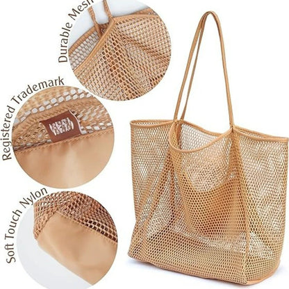 Large Capacity Ladies Beach Bag - Hollow Mesh Tote for Outdoor Travel &amp; Storage