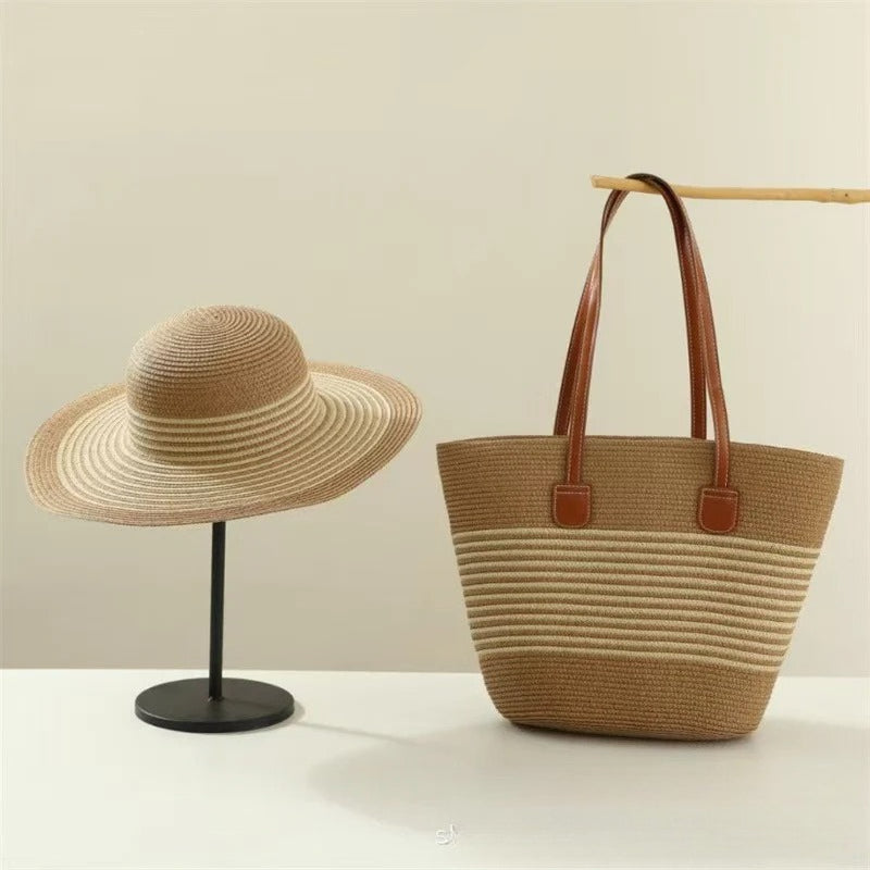 Straw Hat &amp; Tote Set – Beach Vacation Sun Protection Duo, Large Capacity Travel Tote