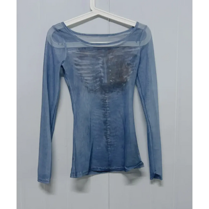 Sheer Skeleton Print Harajuku Top – Fairy Grunge Y2K Slim Fit