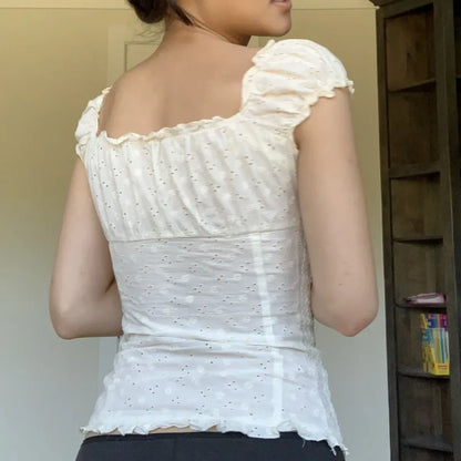 90s Vintage Button-Up Crop Top – Fairy Grunge Y2K Aesthetic White Frill Tee