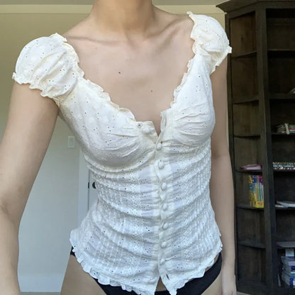 90s Vintage Button-Up Crop Top – Fairy Grunge Y2K Aesthetic White Frill Tee
