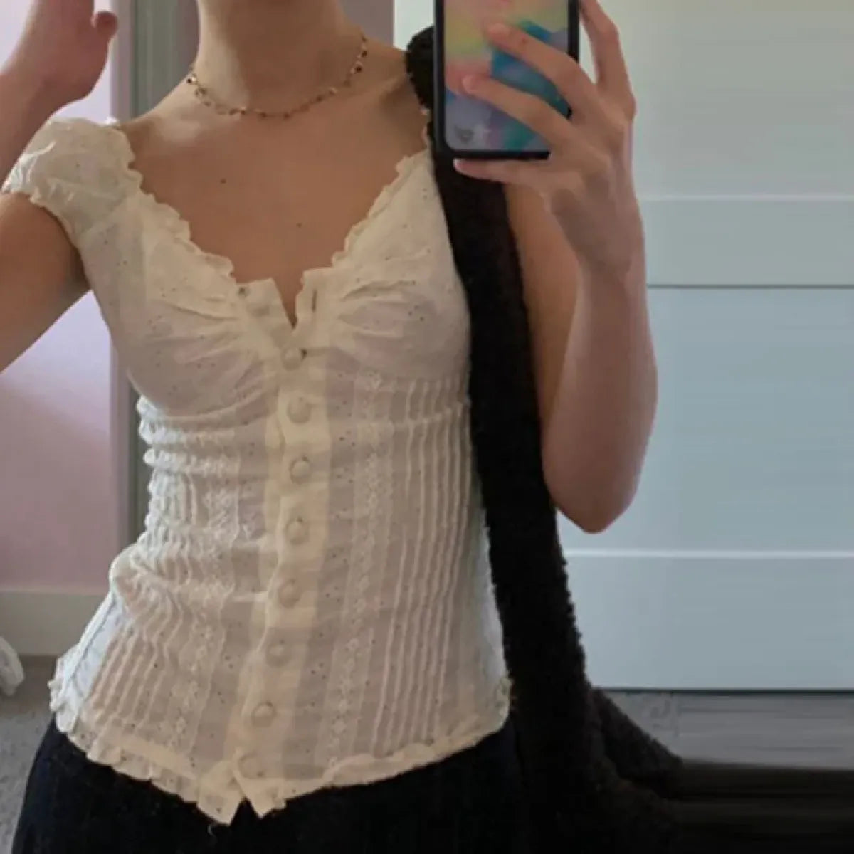 90s Vintage Button-Up Crop Top – Fairy Grunge Y2K Aesthetic White Frill Tee