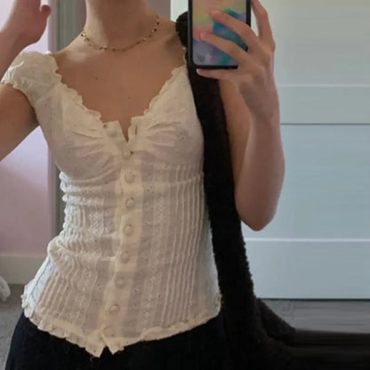 90s Vintage Button-Up Crop Top – Fairy Grunge Y2K Aesthetic White Frill Tee