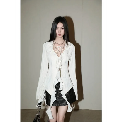 White Lace-Up Fairycore Blouse – Flare Sleeves &amp; Ruffle Hem