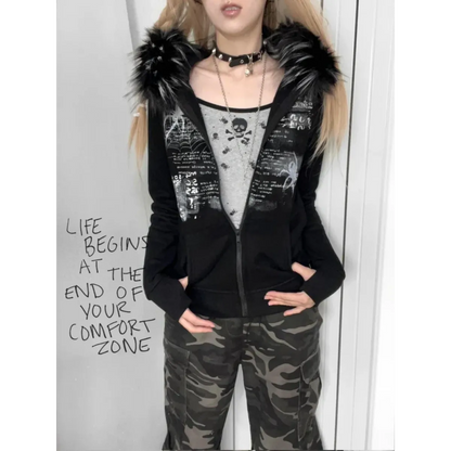 Black Gothic Grunge Fur Hooded Jacket