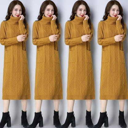 Womens High-neck Long Fleece-lined Extra-thick Loose-fitting Sweater