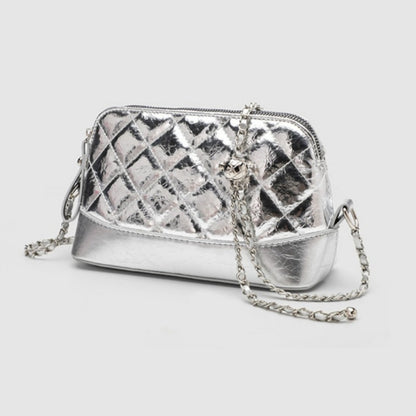 Simple chain bag, silver metallic shoulder Crossbody bag, fashionable small diamond bag women