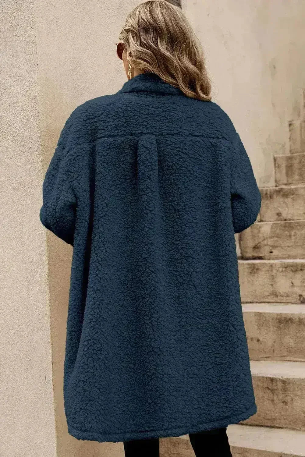 Blue Teddy Coat – Contrast Flap Pockets &amp; Single Breasted