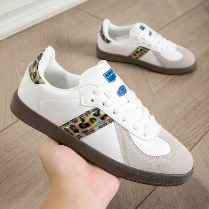 Womens Style White Lace Up Casual Sneakers With A Leopard Print Flat Sole