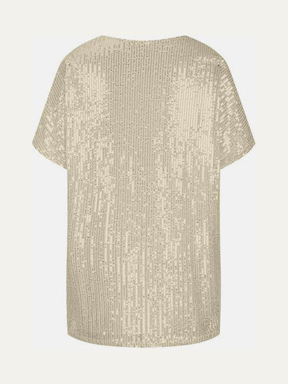Full Size Sequin V-Neck Short Sleeve Top for Women