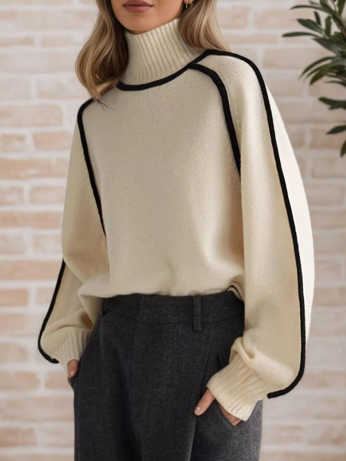 Contrast Trim Turtleneck Sweater