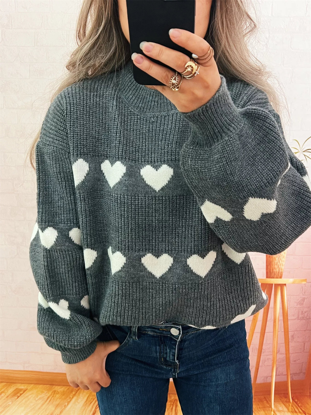 Heart Pattern Dropped Shoulder Sweater