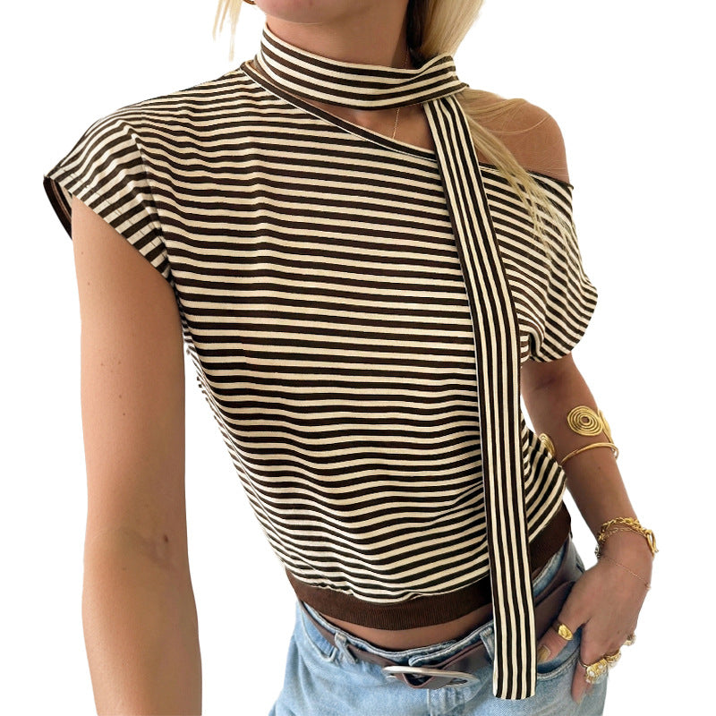Asymmetrical Slanted-neck Striped T-shirt For Women