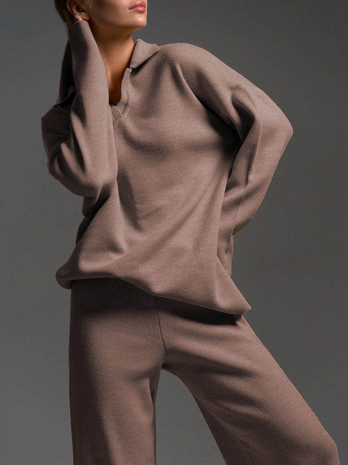 Johnny Collar Long Sleeve Top and Pants Sweater Set Women