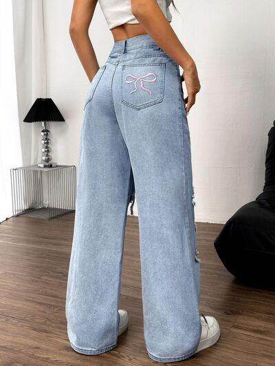 Distressed Wide Leg Jeans with Pockets for Women
