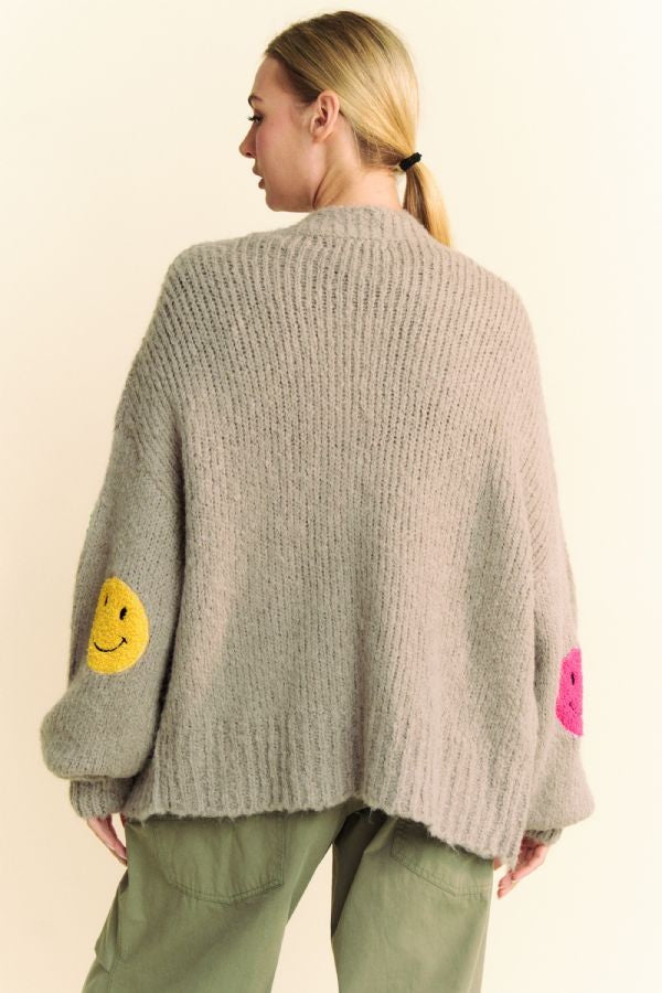Back To School Sweater - Davi &amp; Dani Fuzzy Smile Open Front Long Sleeve Cardigan