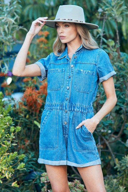 Veveret Elastic Waistband Denim Romper for Stylish Comfort
