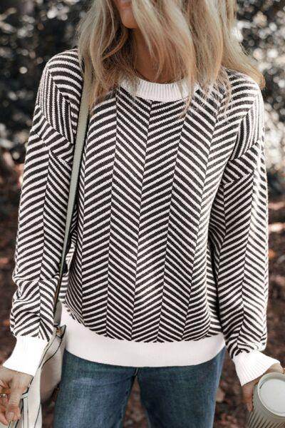 Striped Round Neck Long Sleeve Sweater for Women Fashion