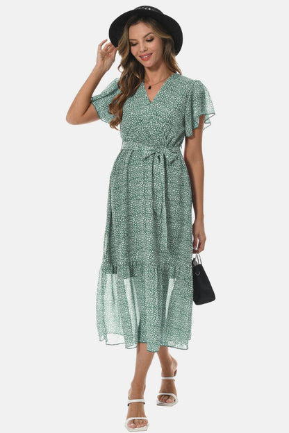 Surplice Neck Flutter Sleeve Tied Dress for Chic Style