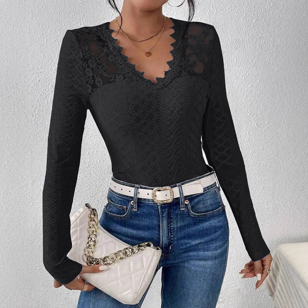 Solid-color V-neck Lace-panel Long-sleeve T-shirt Top For Womenelegant Style