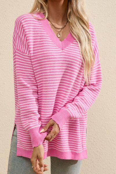 Striped V-Neck Dropped Shoulder Sweater for Women