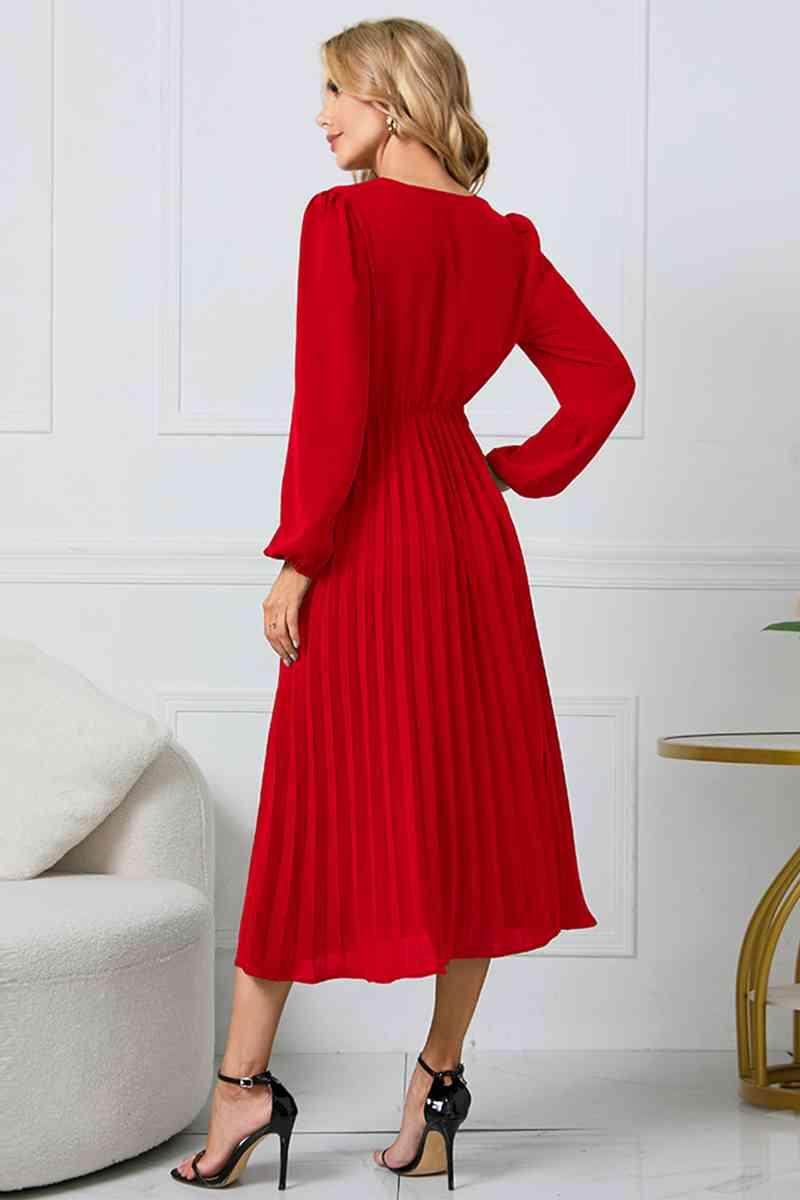 V-Neck Long Sleeve Tie Waist Midi Dress for Women