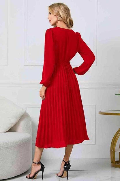 V-Neck Long Sleeve Tie Waist Midi Dress for Women