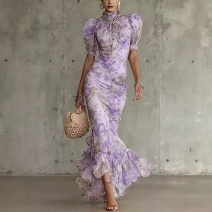 French-style Vintage Chiffon Dress, Summer High-neck Puff Sleeve, Waist-cinching, Slimming, Fishtail, Elegant, Ladylike, Vacation Long Dress