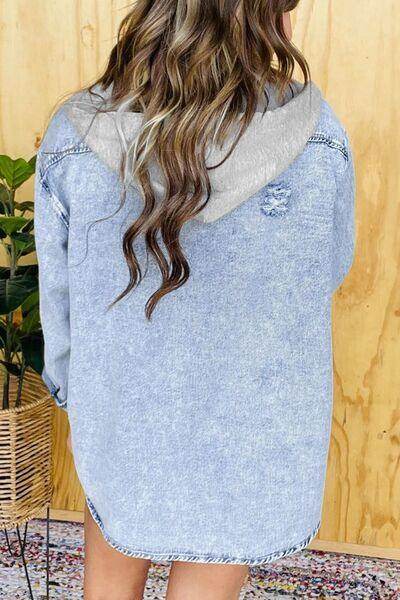Distressed Button Up Long Sleeve Denim Jacket for Women