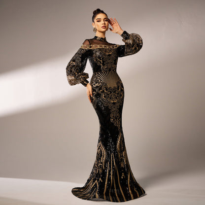 Long Sleeve Round Neck Sequins Mesh Fishtail Evening Dress