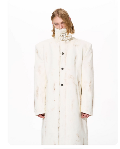 Hand-painted Distressed Long Leather Coat For Men