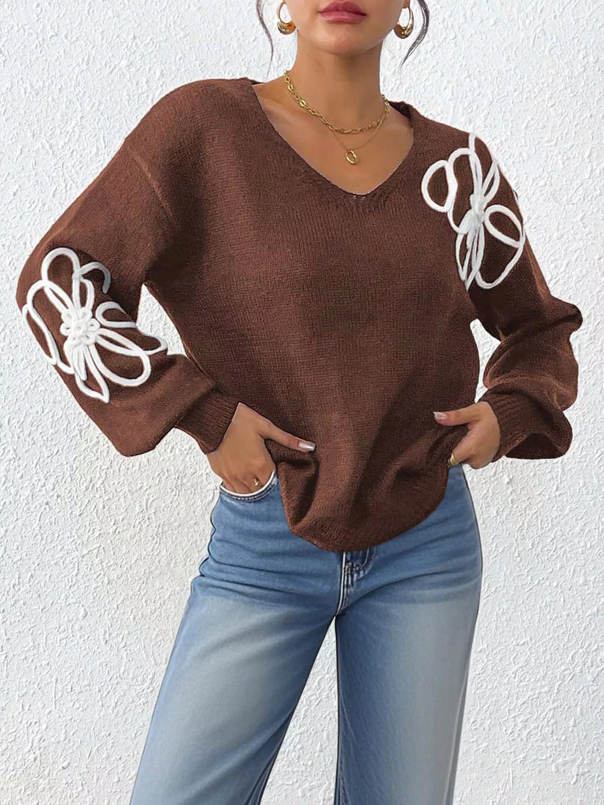 Flower V-Neck Long Sleeve Sweater