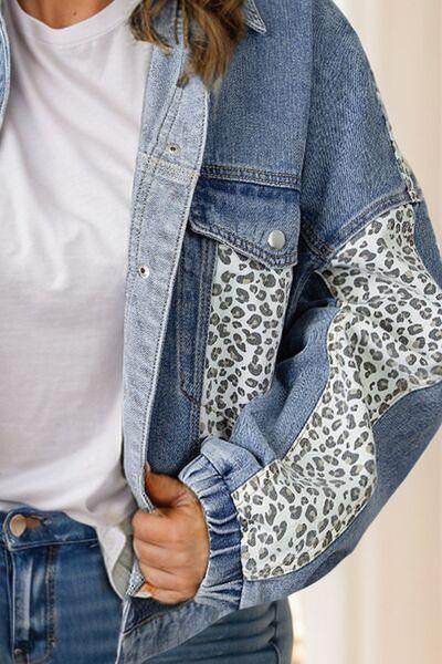 Plus Size Leopard Long Sleeve Denim Jacket for Women