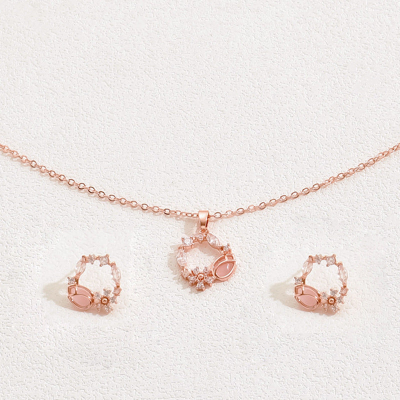 Korean SoftSweet Jewelry Set, Minimal Cubic Zirconia Inlaid Stud Earrings &amp; Niche Design Clavicle Necklace For Women