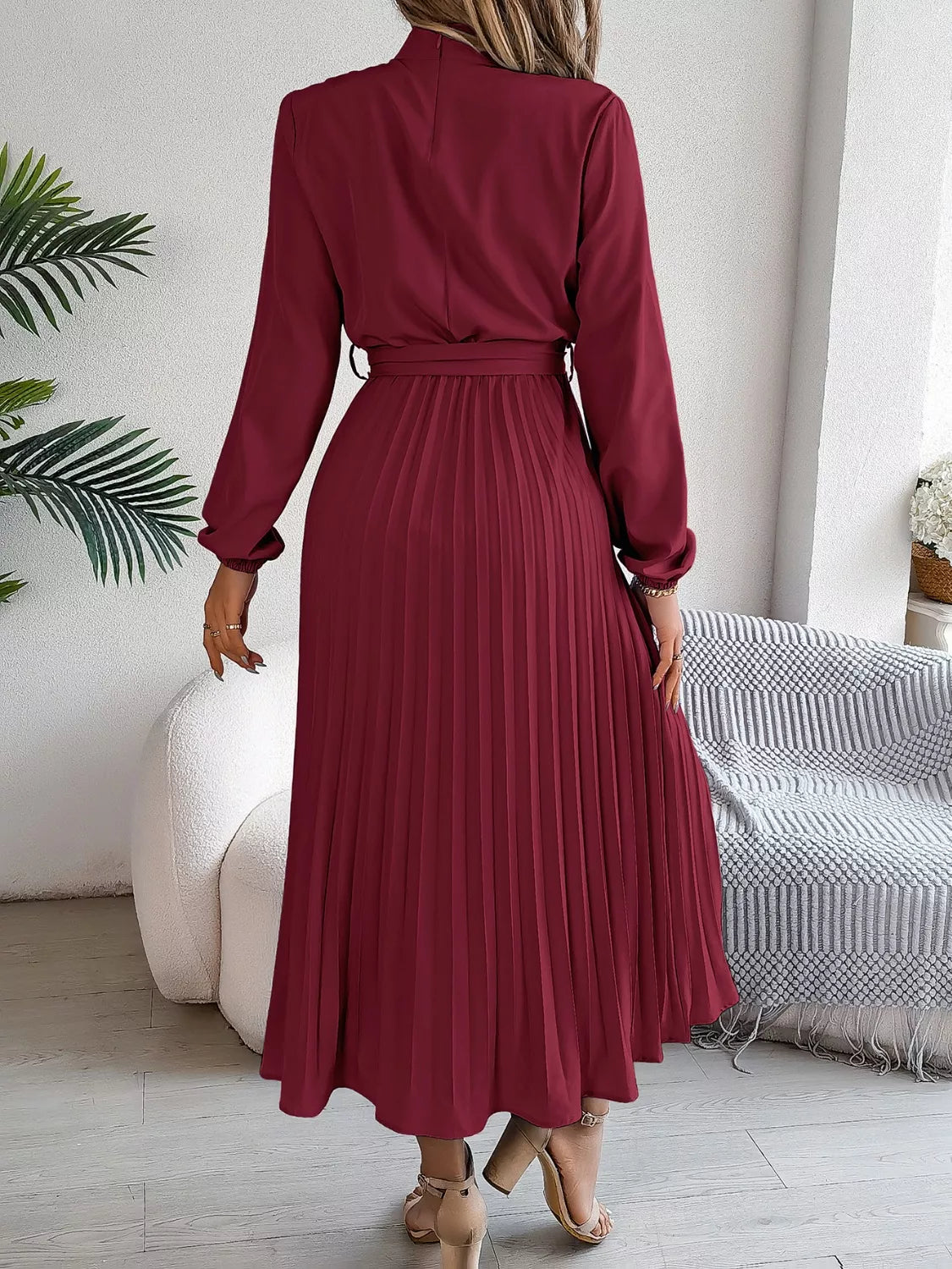 Mock Neck Pleated Midi Dress