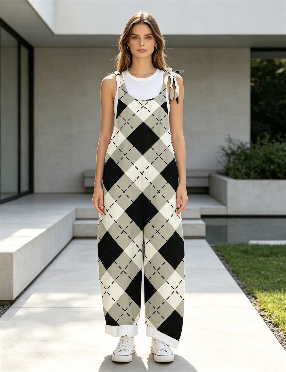 Women White Plaid Bow Print Tie Strap Overalls, Loose Wide Leg Rolled Cuff Casual Jumpsuit With Pockets
