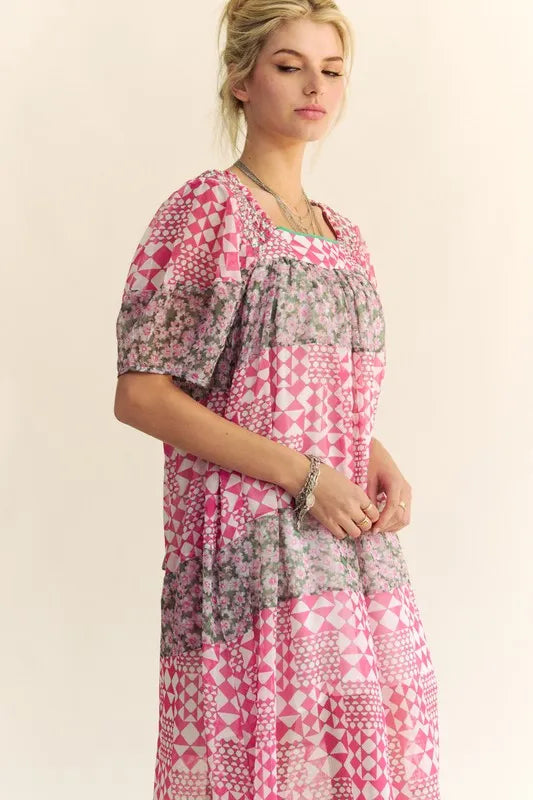 Davi &amp; Dani Multi Floral Square Neck Puff Sleeve Maxi Dress