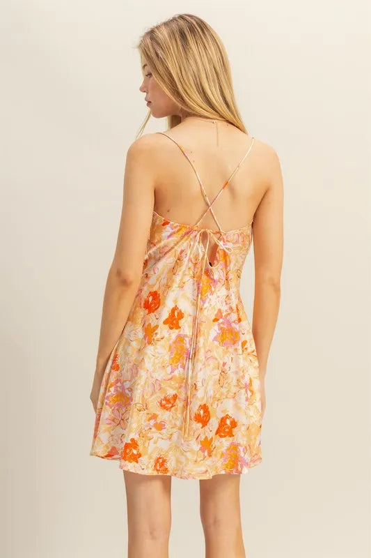 HYFVE Floral Cowl Neck Flirty Satin Mini Dress