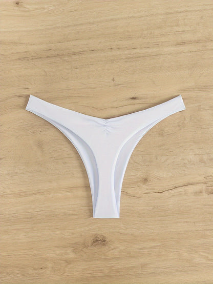 New Bikini Solid Color Cheeky Ruched Thong Bikini Bottoms for Women – High Stretch Polyamide Swim Briefs with Flattering Fit – Casual Swimwear Essential for Beach Pool and Summer Vacation