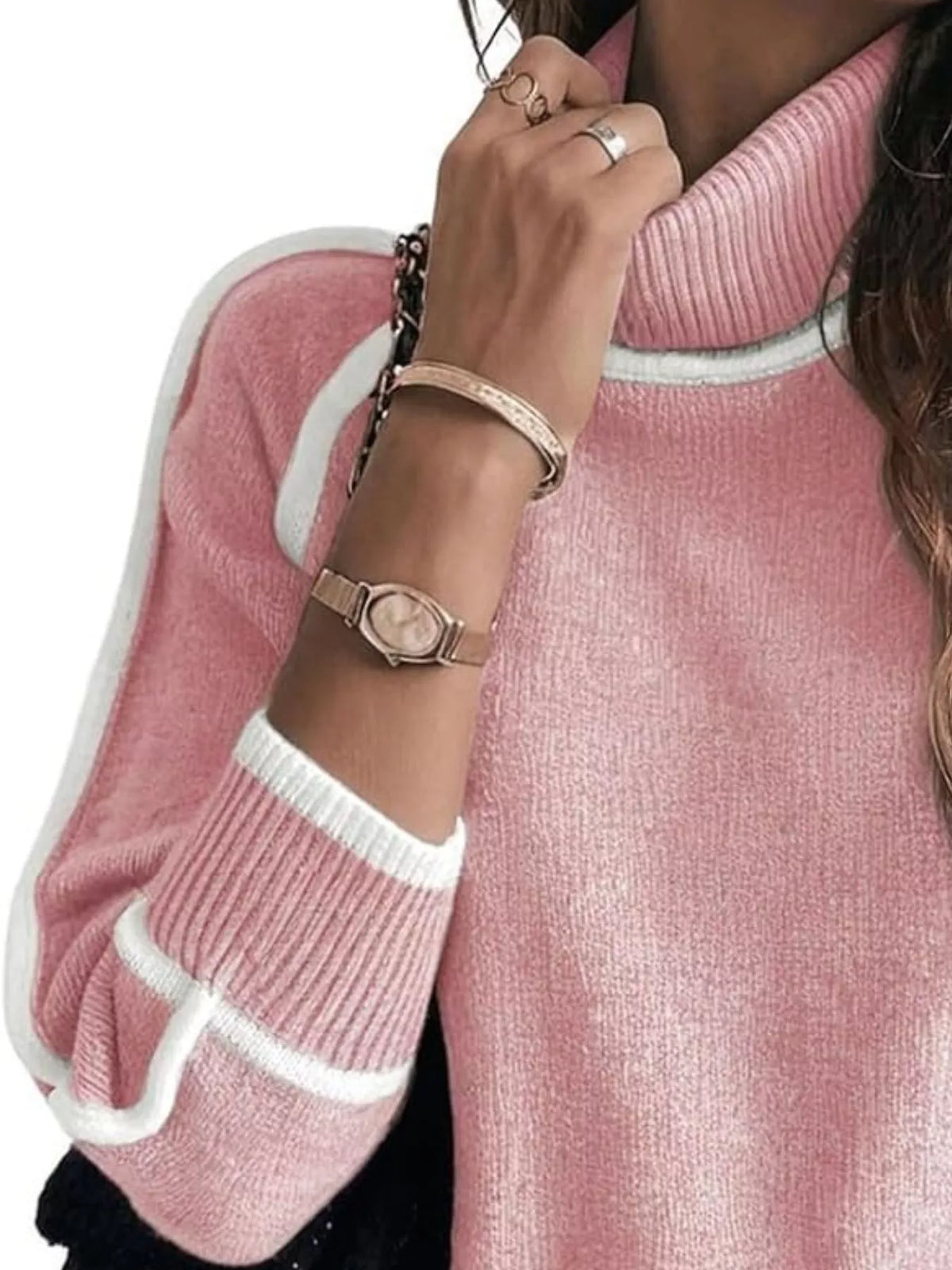 Full Size Turtleneck Contrast Trim Sweater Plus Size