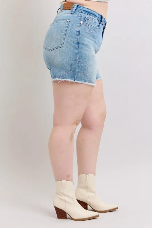 Judy Blue Full Size High Waist Western Embroidery Detail Cut Off Denim Shorts Plus Size