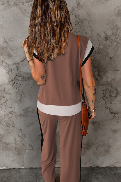 Polyester Two-Piece Set with Contrast Top &amp; Pants
