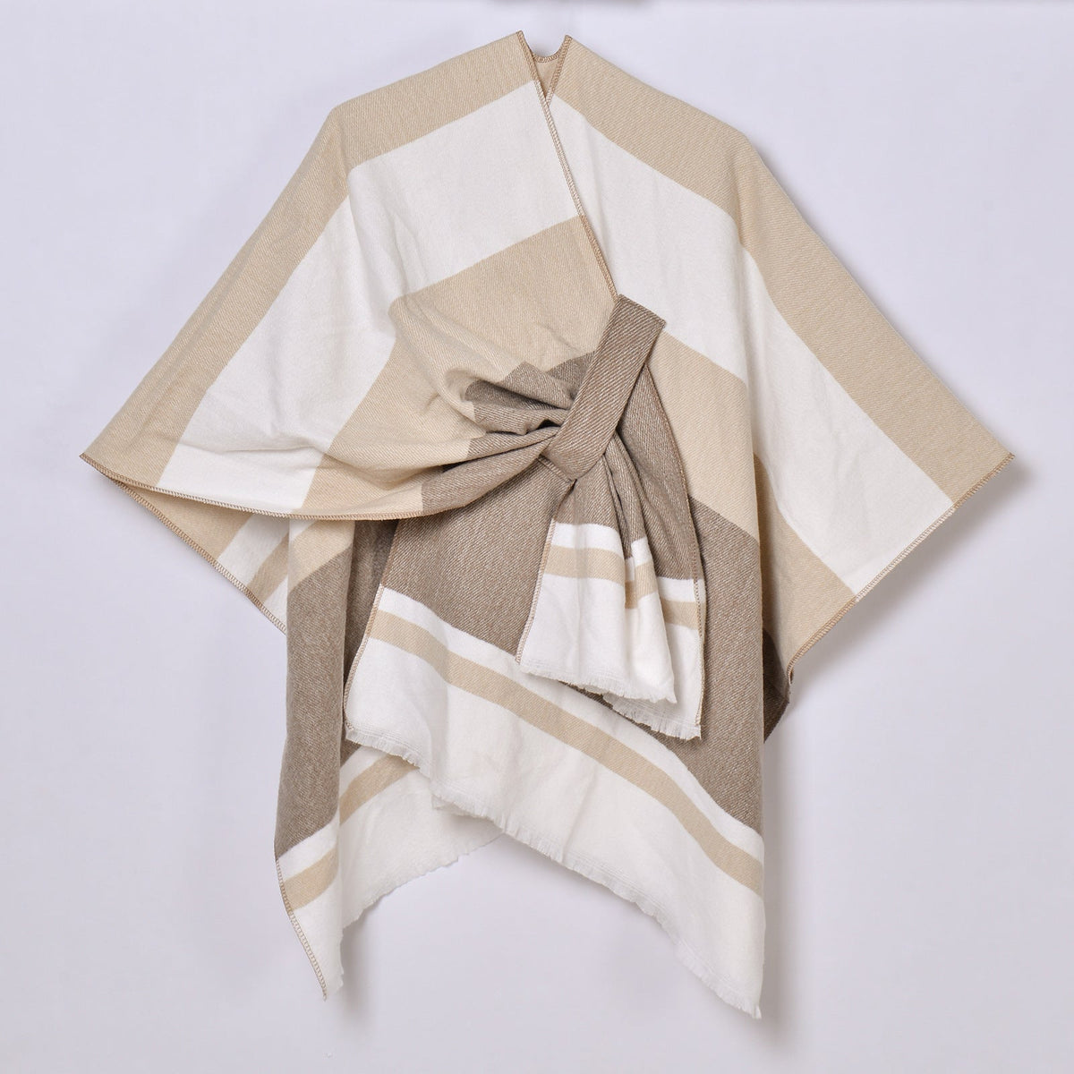 Womens Striped Tassel Cross-Strap Warm Cape Shawl