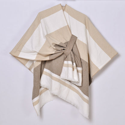 Womens Striped Tassel Cross-Strap Warm Cape Shawl