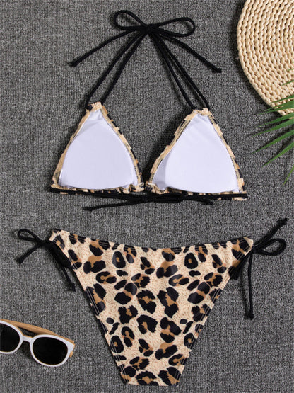 Sunset Bloom 2-Piece Triangle Bikini Set for Women – Vibrant Random Floral Print Halter Neck Swimsuit with Tie-Back Tie-Side Bottoms &amp; High Cut Legs – Women&