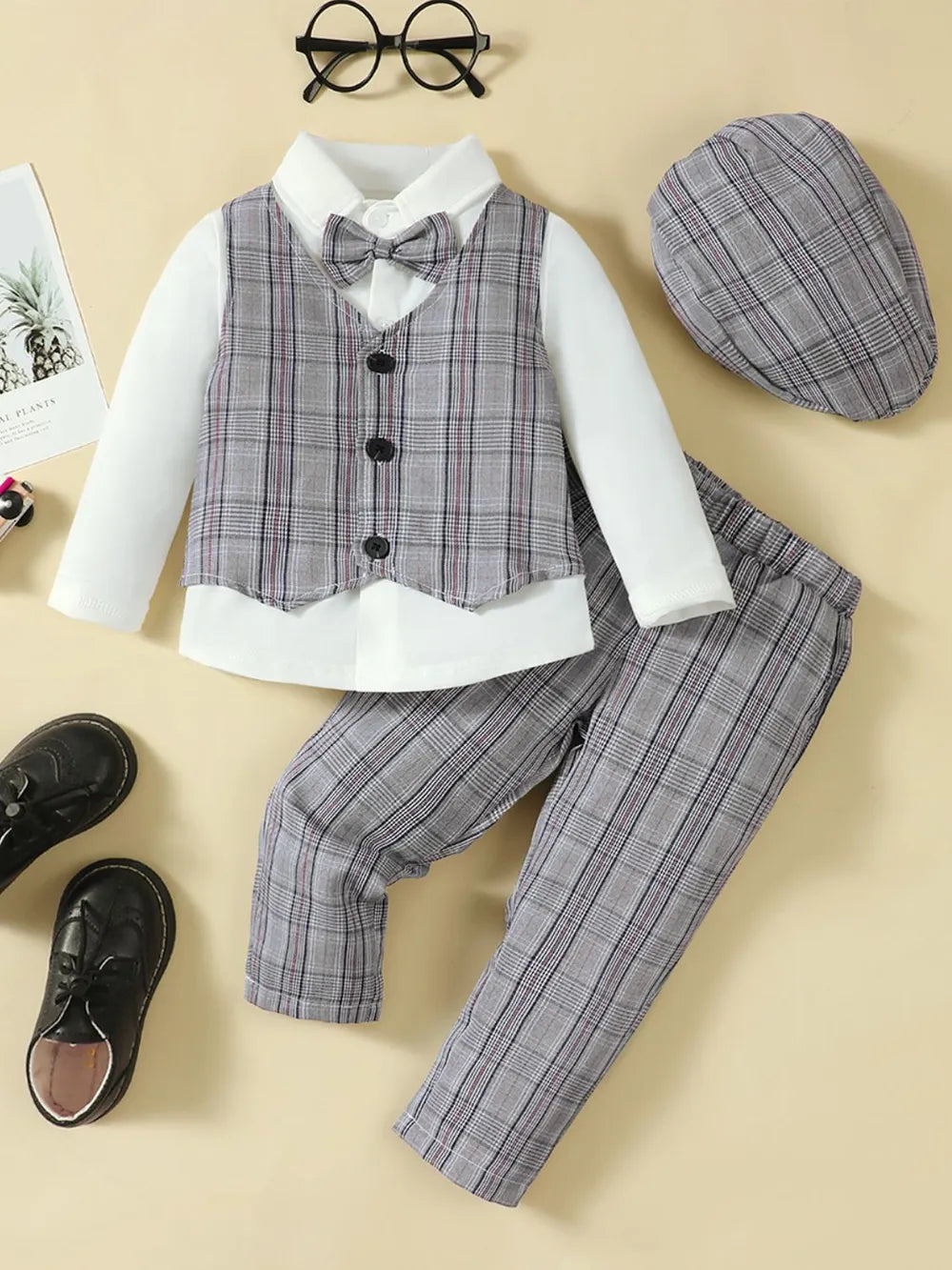 Hat, Long Sleeve Shirt, Plaid Vest and Pants 4-Piece Set