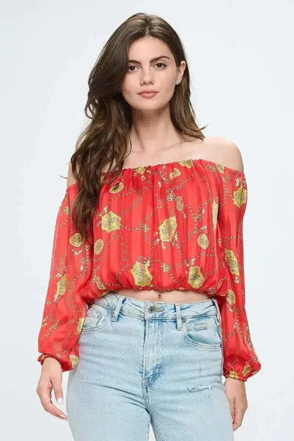 Off-Shoulder Chain Print Crop Top - Red &amp; Black Chiffon Blouse - Femstylo