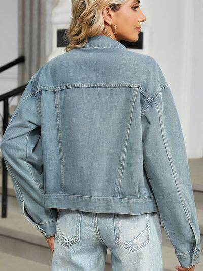 Rhinestone &amp; Pearl Trim Button Down Long Sleeve Denim Jacket