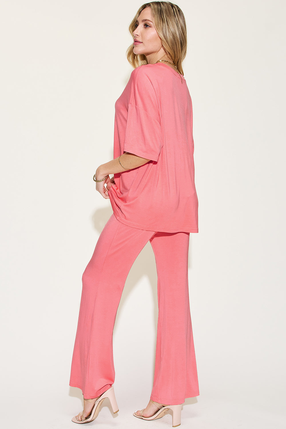 Comfy Bamboo Drop Shoulder Tee &amp; Flare Pants Set