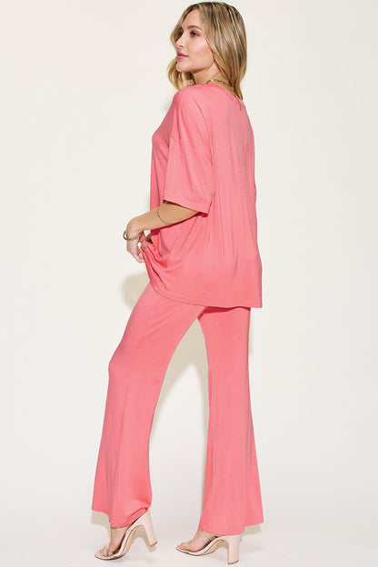 Comfy Bamboo Drop Shoulder Tee &amp; Flare Pants Set